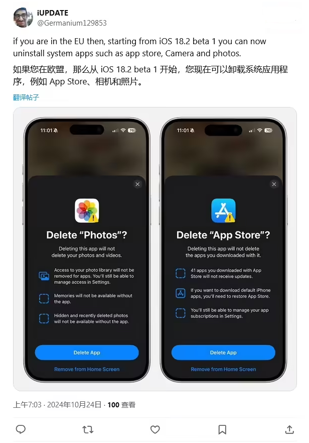 射洪苹果手机维修分享iOS 18.2 支持删除 App Store 应用商店 